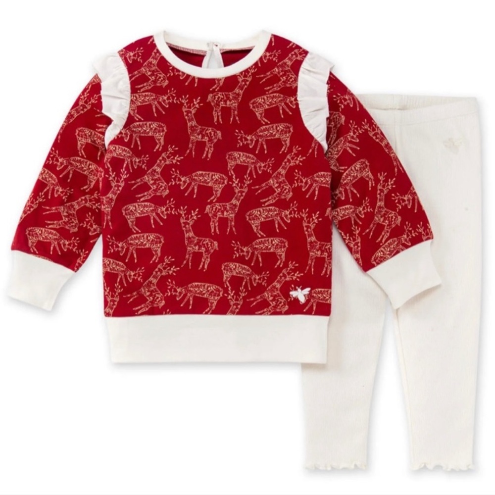 Burt’s Bees Baby 2-PC Reindeer Ruffle Sweatshirt & Ribbed Pants Set | 6–9 Mths 🆕